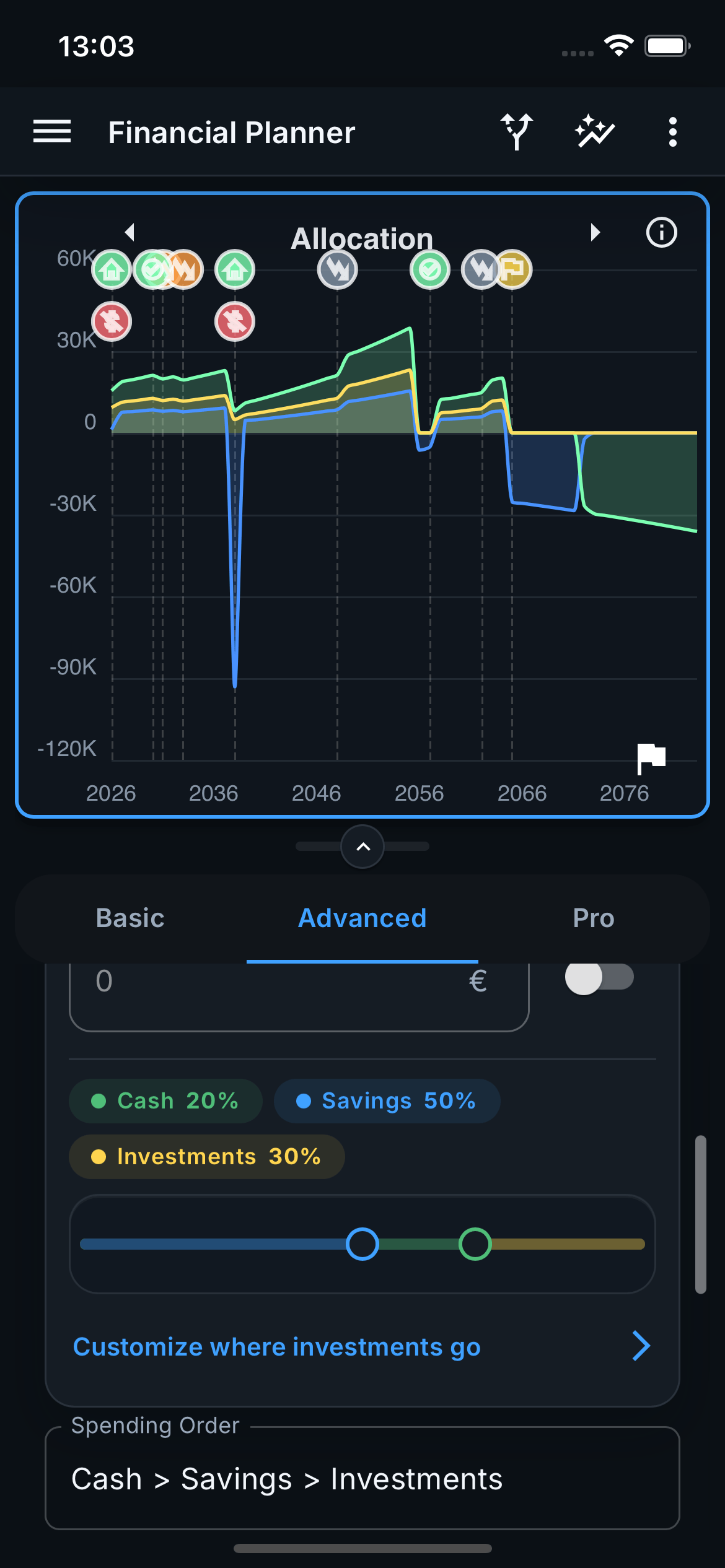 Prosper financial planner showing cash, savings, and investment allocation on iPhone